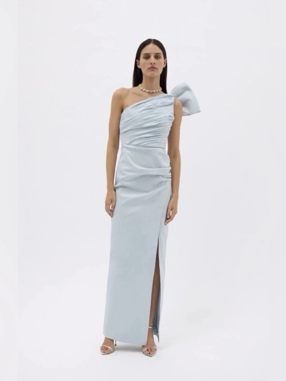 Rachel Gilbert Light Blue One-Shoulder Ruched Gown with Bow - Picture 5 of 13